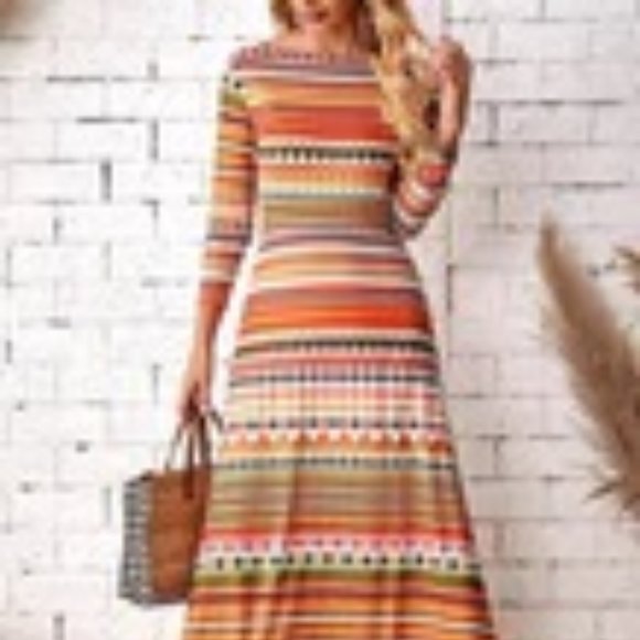 NWT - Boho Women's Dresses Multicolor Striped Crewneck Long Sleeve Dress - Picture 2 of 3